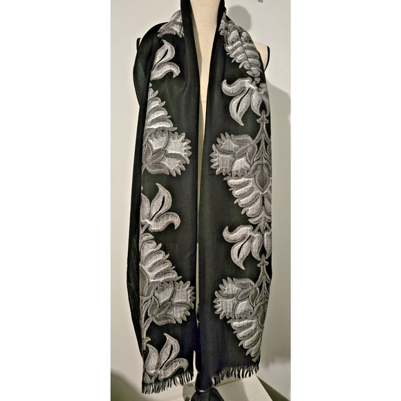 Bonheur de Petrusse Wool/Silver Lurex Embroidered Scarf/ Shaw 20”x 80” l - Picture 1 of 6